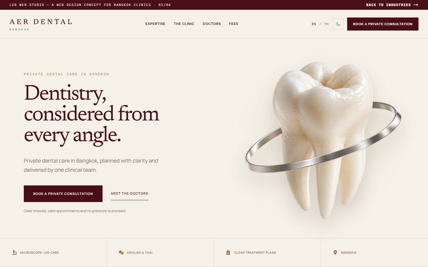 Homepage of AER Dental, a Bangkok dental clinic website concept