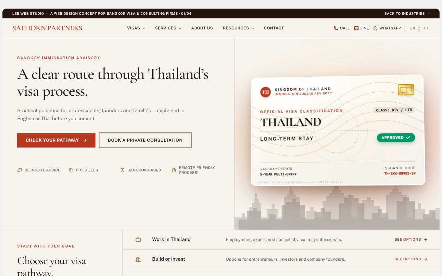 Homepage of Sathorn Partners, a visa and consulting website concept