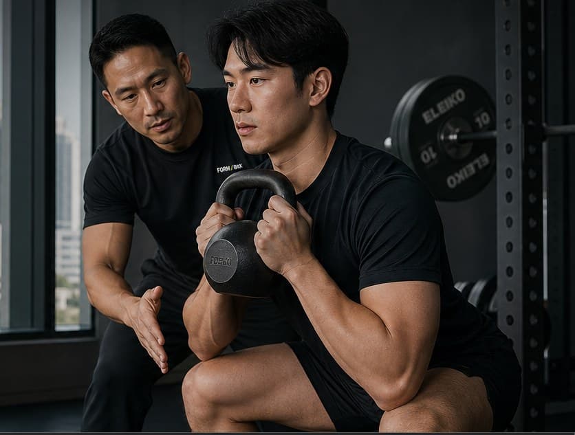 A FORM / BKK coach guiding a client through a controlled kettlebell squat in a private Bangkok training studio